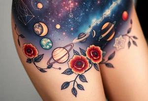 Milky way galaxy with planets with zodiac symbols and protection runes with red roses and sunflowers tattoo idea
