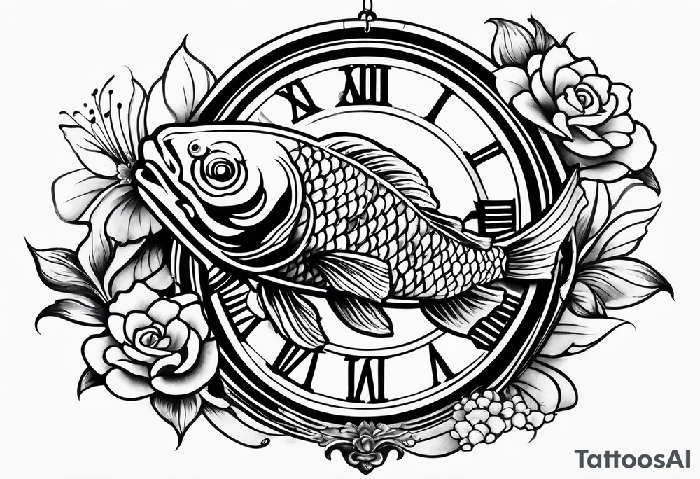 Koi fish and old clock tattoo idea