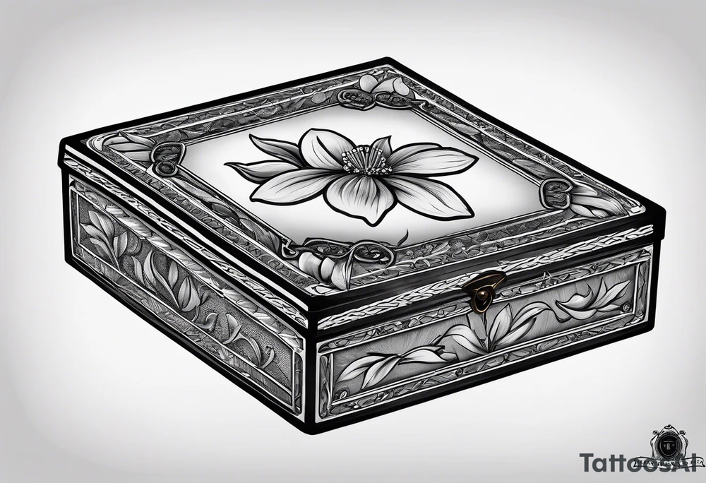 A simple vintage cigar box with a dogwood flower next to it as well as a lit cigar tattoo idea