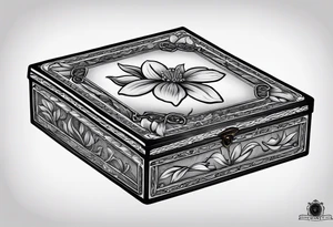 A simple vintage cigar box with a dogwood flower next to it as well as a lit cigar tattoo idea