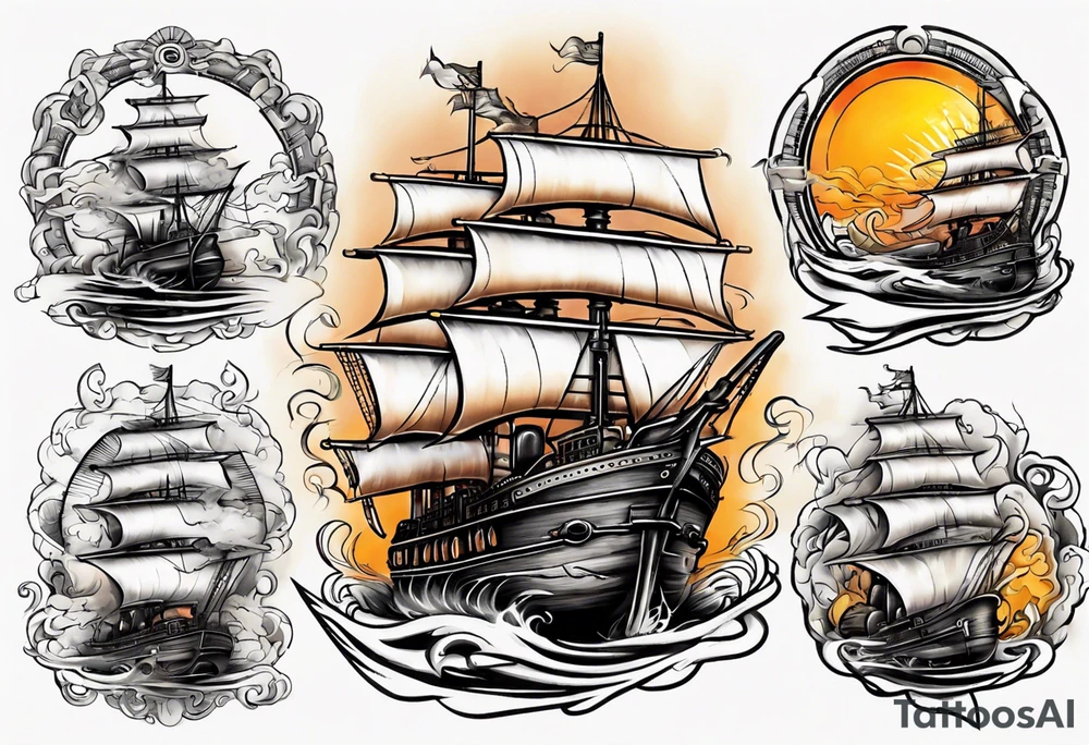 steam boat sailing out of the sun tattoo idea