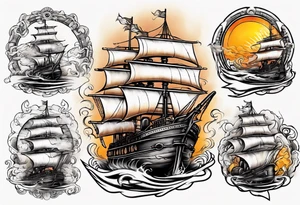 steam boat sailing out of the sun tattoo idea