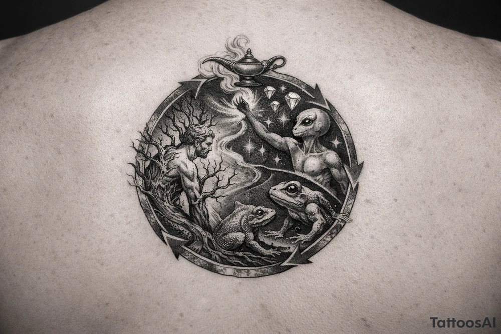 A man turning into a tree then sprouting into a frog from then evolving into a alien then reaching for the stares and grabbing diamonds out of the sky then getting sucked into a gene lamp cycle circle tattoo idea