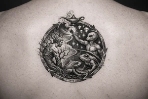 A man turning into a tree then sprouting into a frog from then evolving into a alien then reaching for the stares and grabbing diamonds out of the sky then getting sucked into a gene lamp cycle circle tattoo idea