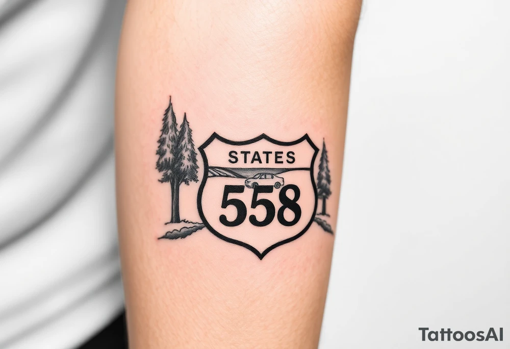 small State Route sign 558, with trees all around and a farm in background, road with a car scenic tattoo idea