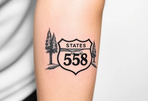small State Route sign 558, with trees all around and a farm in background, road with a car scenic tattoo idea