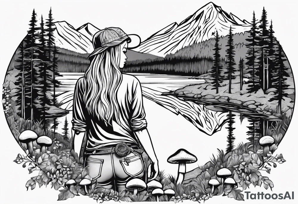 Whole picture encircled fully

Straight long blonde hair hippie girl in distance holding mushrooms in hand facing away toward mountains and creek surrounded by mushrooms long sleeve shirt and hiking pants; whole rendering within a full circle, no cut off circle tattoo idea