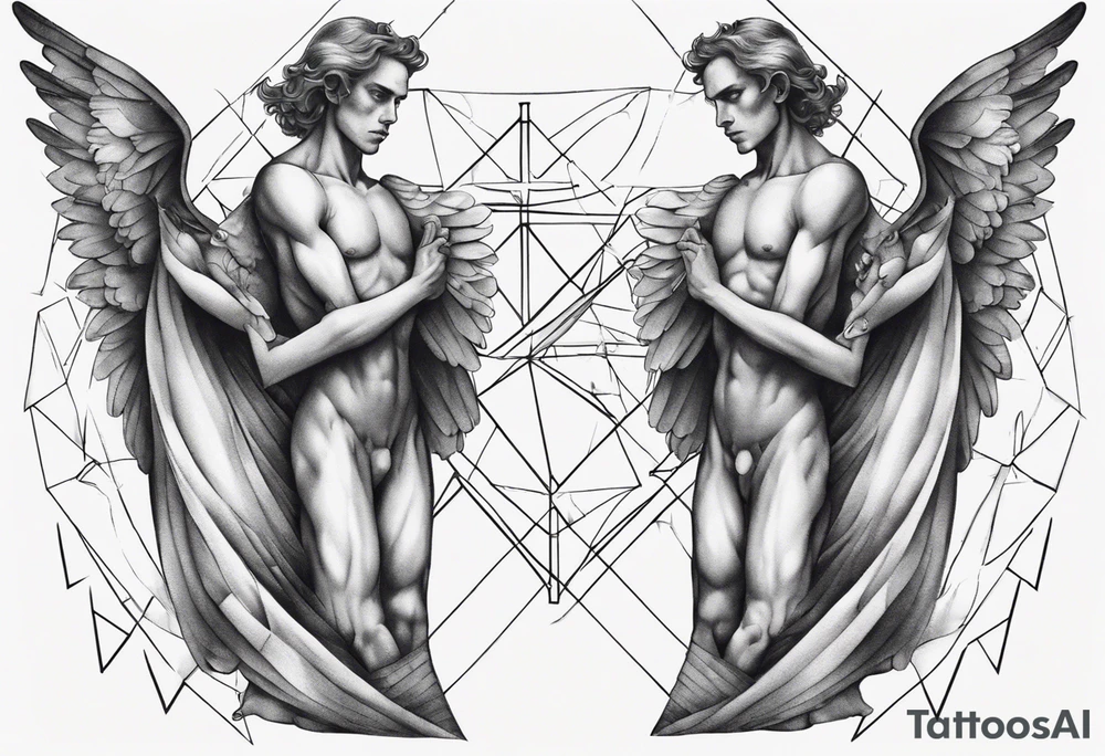 Two angels as brothers portrayed as geometric code tattoo idea