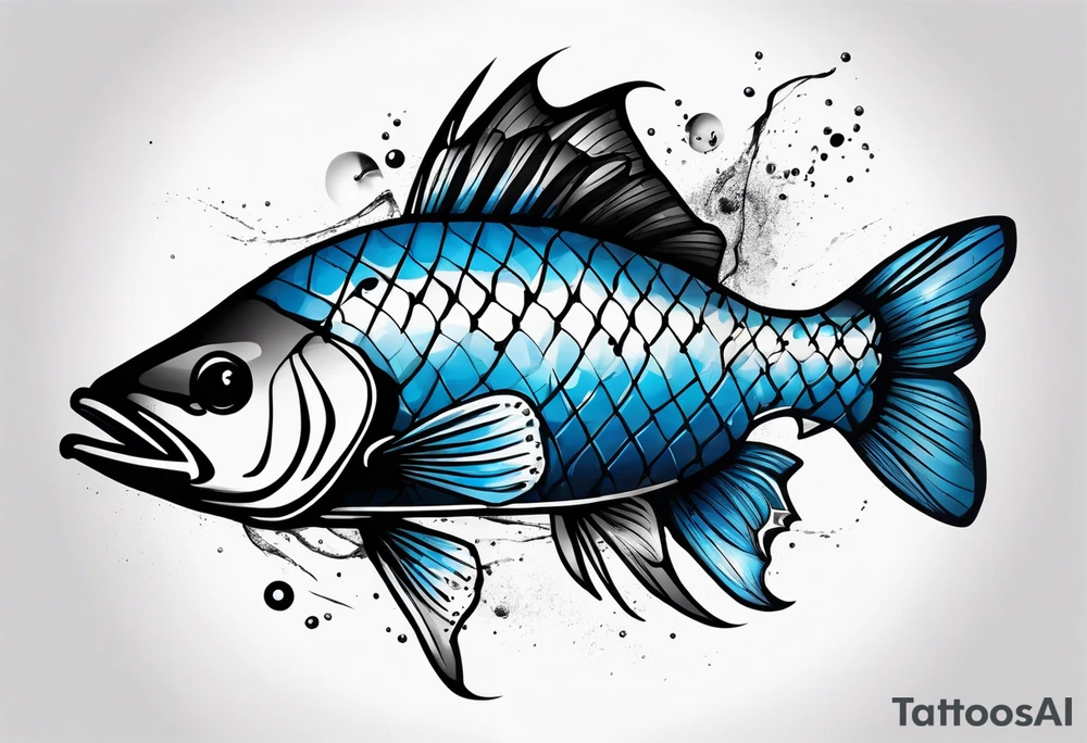 Trash polka blue and black fly fishing theme rib piece tattoo idea