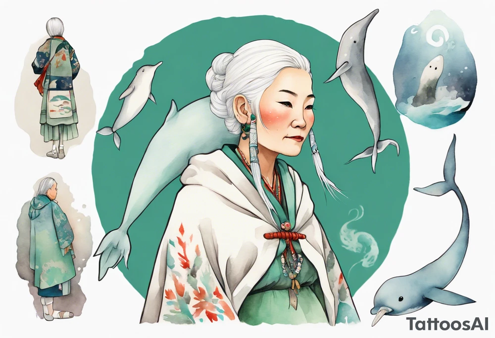 a 45-year-old Sami woman with white  hair wearing a white and mint cloak next to a narwhal tattoo idea