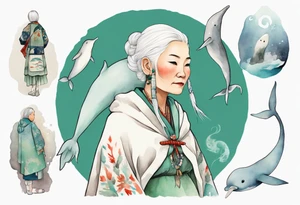 a 45-year-old Sami woman with white  hair wearing a white and mint cloak next to a narwhal tattoo idea