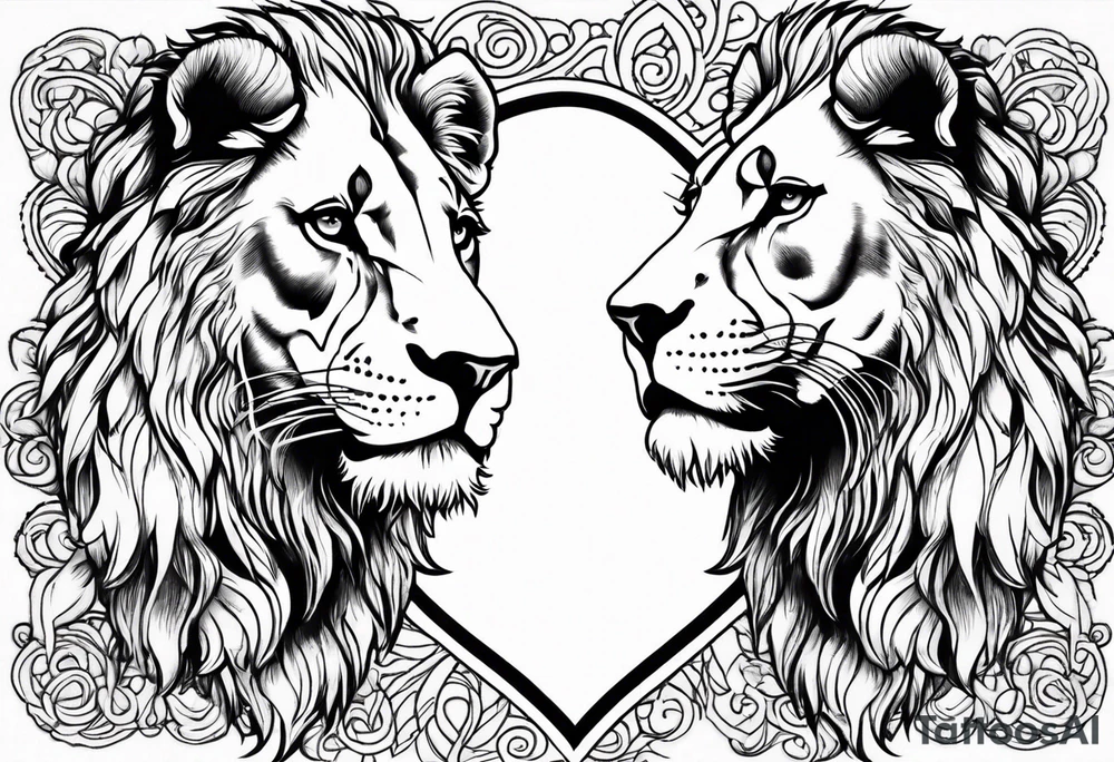 twin lion head shaped like a heart tattoo idea