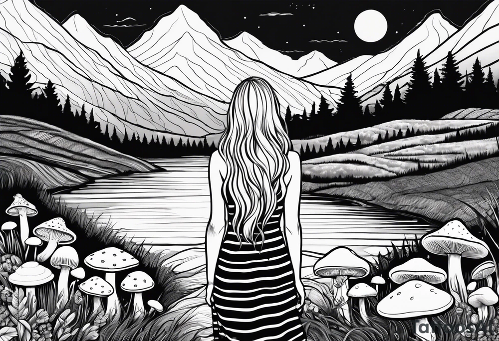Straight long blonde hair hippie girl in distance holding mushrooms in hand facing away toward mountains and creek surrounded by mushrooms black and white striped dress tattoo idea