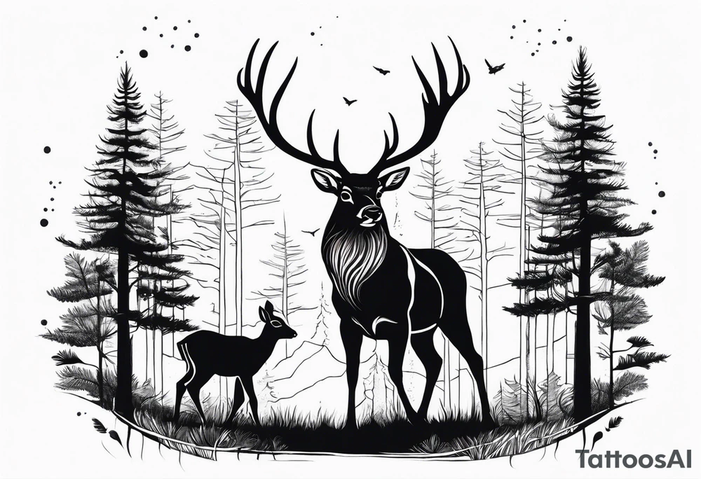 a large majestic male with large antlers, a graceful female and a small fawn. In the background, majestic trees, such as spruce and birch, tattoo idea