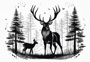 a large majestic male with large antlers, a graceful female and a small fawn. In the background, majestic trees, such as spruce and birch, tattoo idea