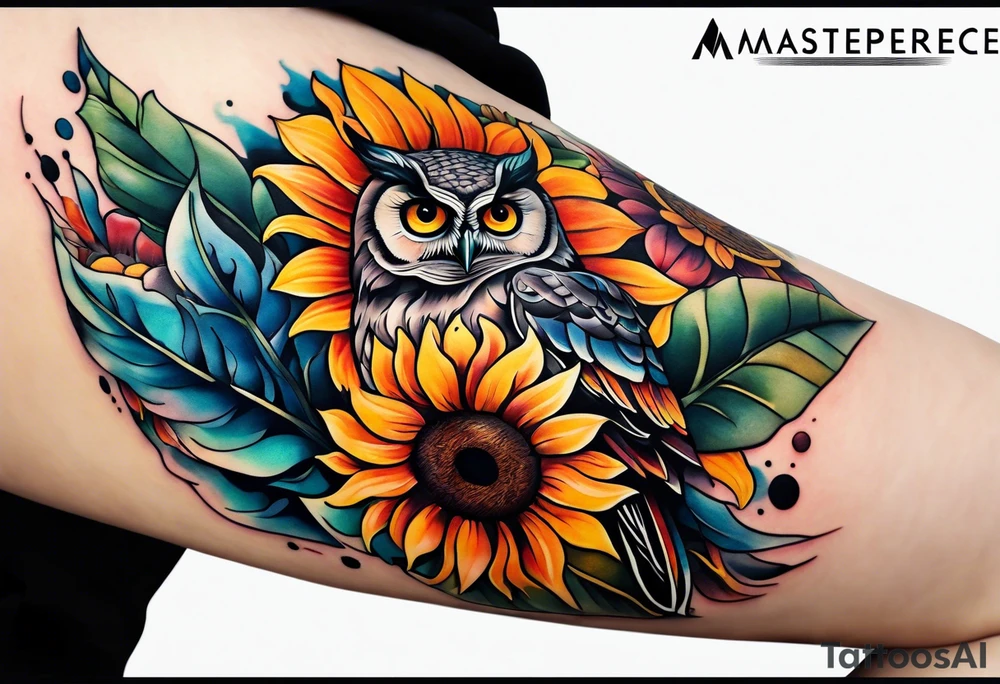 Leg sleeve with colorful sunflowers and an owl tattoo idea