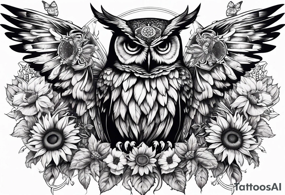 Winged cross with sunflower and butterflies that looks like an owl tattoo idea