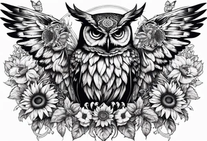 Winged cross with sunflower and butterflies that looks like an owl tattoo idea