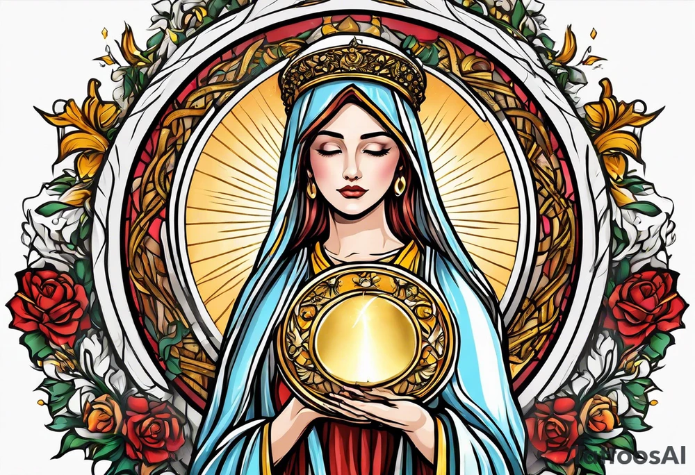 holy saint woman turned away with golden halo holding a chalice tattoo idea
