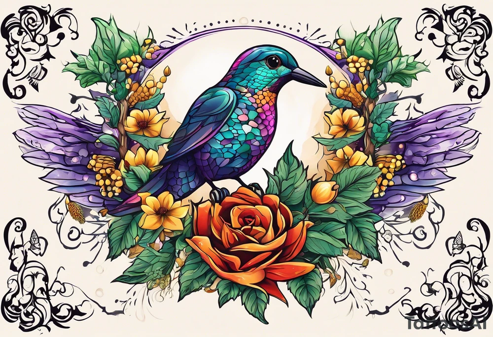 Hops, Rosemary, Thyme, Sage, Juniper, Corn, Wheat, Rose, Sunflower, Cherry blossom, Apple blossom, Honeycomb, Maple leaves, Violet/primrose, Carrot, Cherry, Apple/apple core, Acorns

Hawk, Lightbulb, Hummingbird tattoo idea
