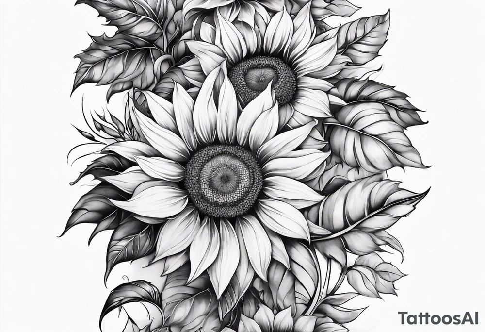 Full leg sleeve with purple, orange and blue sunflowers tattoo idea