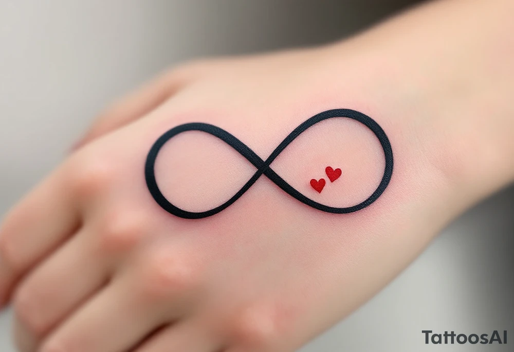 A bold black infinity sign entwined with two matching red hearts at each loop end. tattoo idea