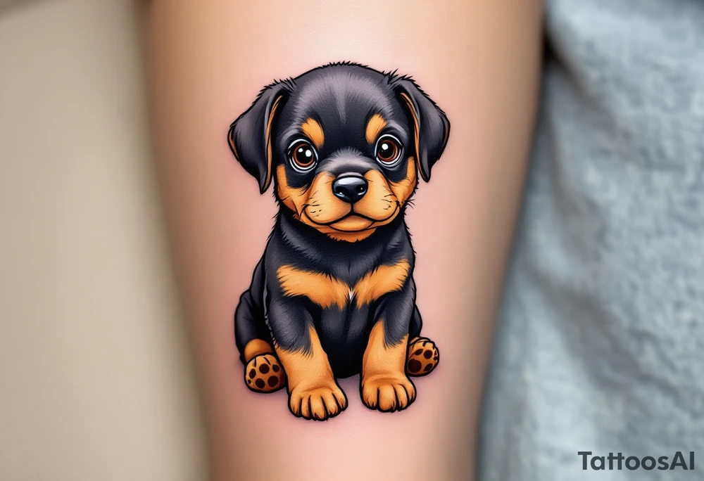 Rottweiler Puppy Tattoo – A sitting Rottweiler puppy with floppy ears and wide, curious brown eyes. Full color with soft shading on the fur and cute tan markings. tattoo idea