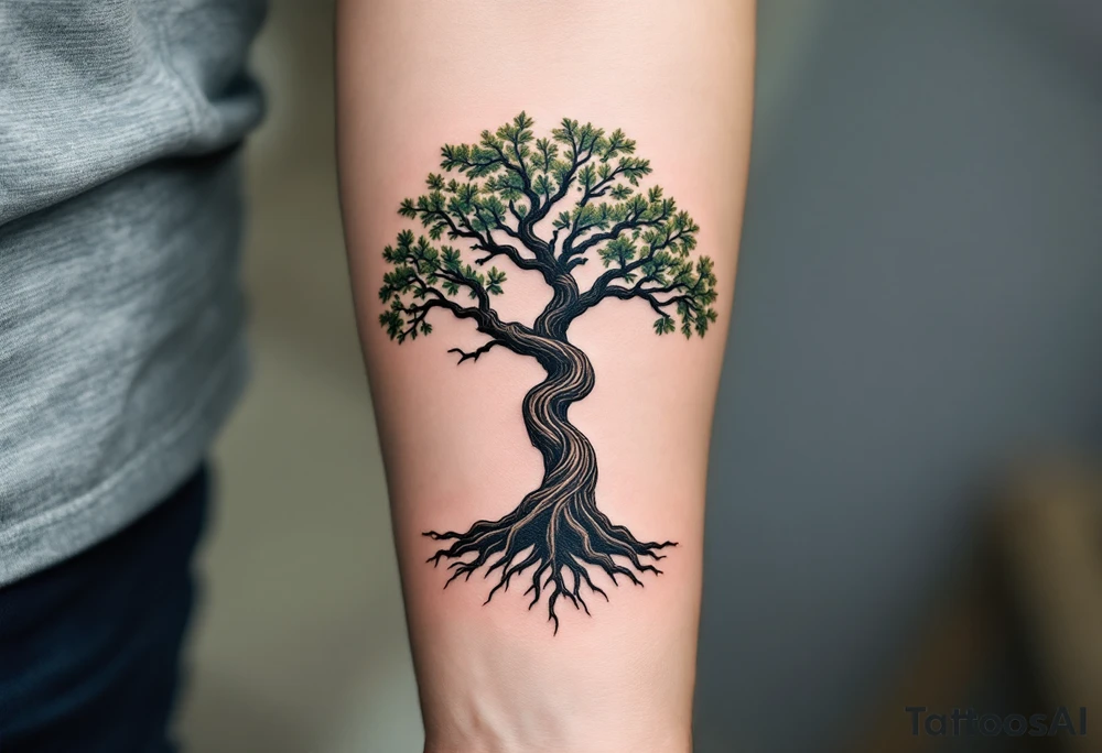 An old oak tree with twisting roots and strong branches, each branch labeled with names: Anna, Michael, Eli, and Rose in flowing script. Muted green leaves, brown bark, and faded blue sky background. tattoo idea