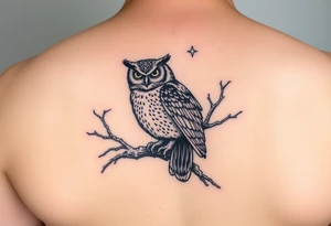 wise owl perched on ancient oak branch under starlit sky tattoo idea