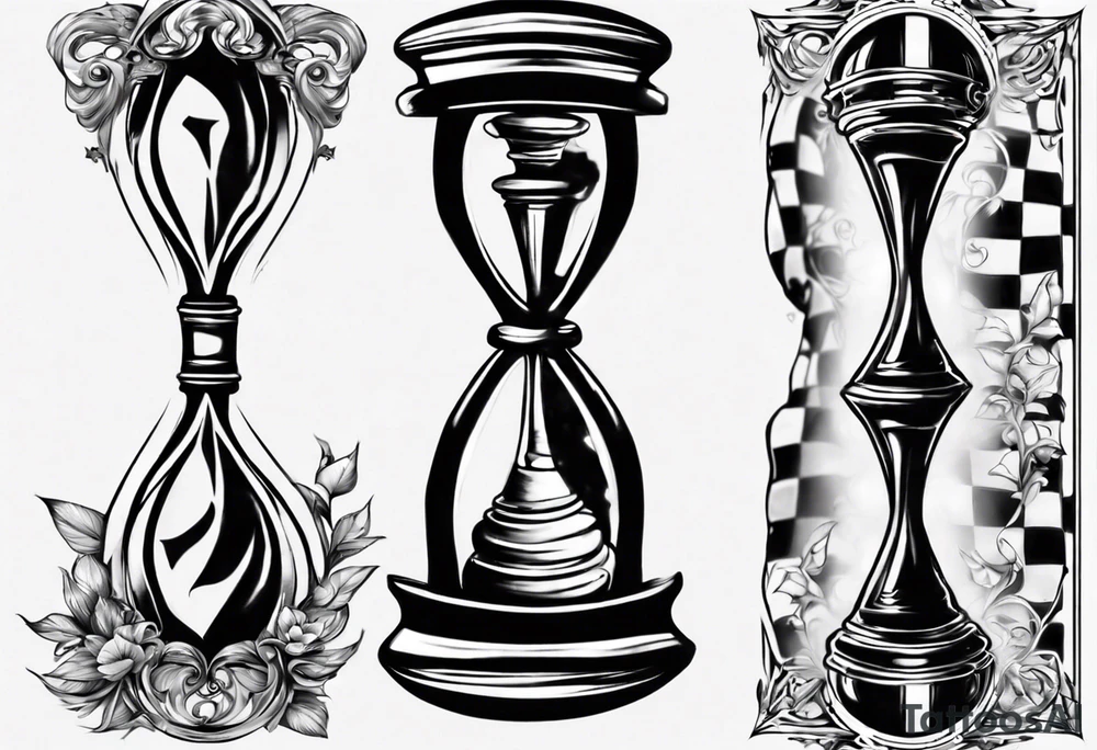 hourglass in the shape of a chess peace with filagree in the background tattoo idea