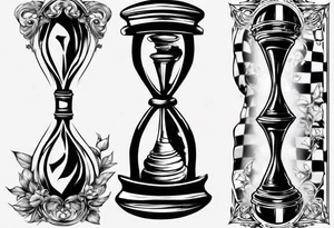hourglass in the shape of a chess peace with filagree in the background tattoo idea