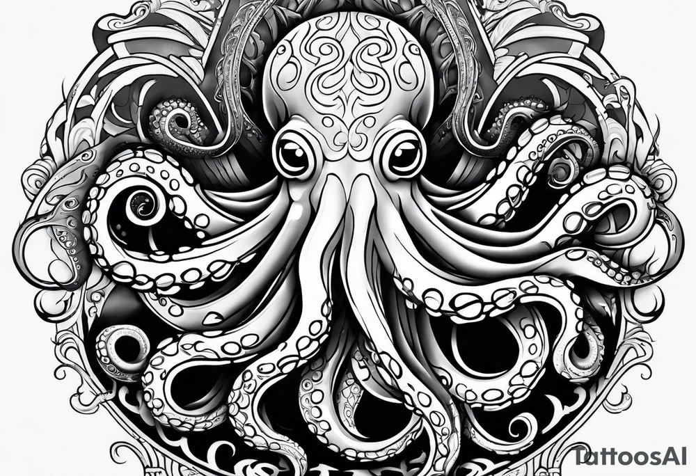 Tribal half sleeve. octopus surrounded by ribbons of water waves filled with fish. the octopus has small eyes. Use thick lines only with less detail. tattoo idea
