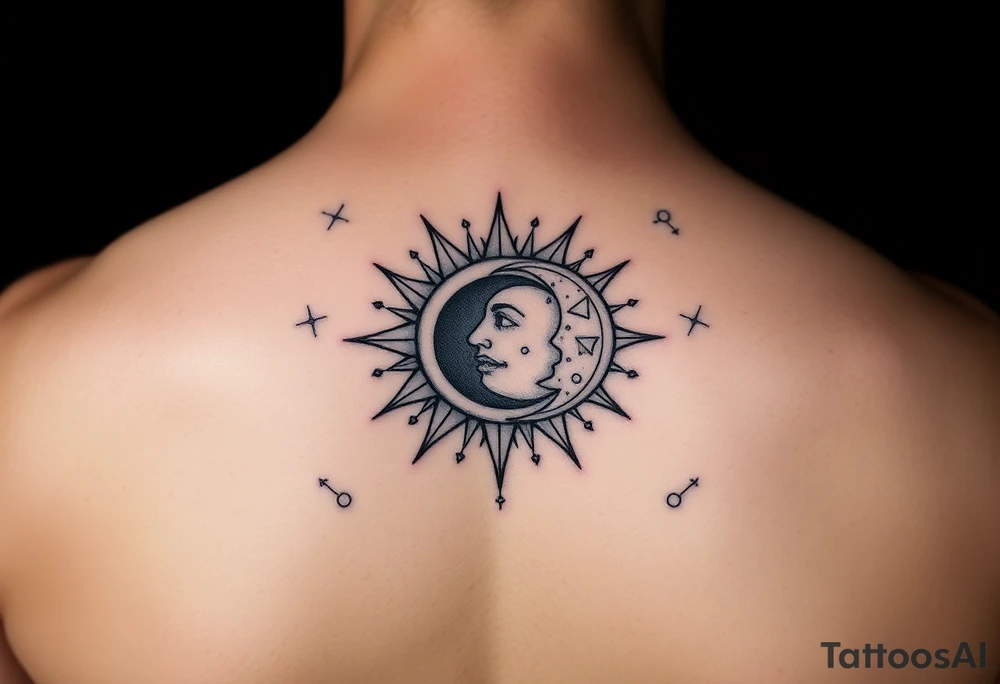 celestial sun and moon embrace with constellation patterns tattoo idea