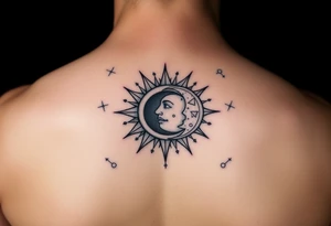 celestial sun and moon embrace with constellation patterns tattoo idea
