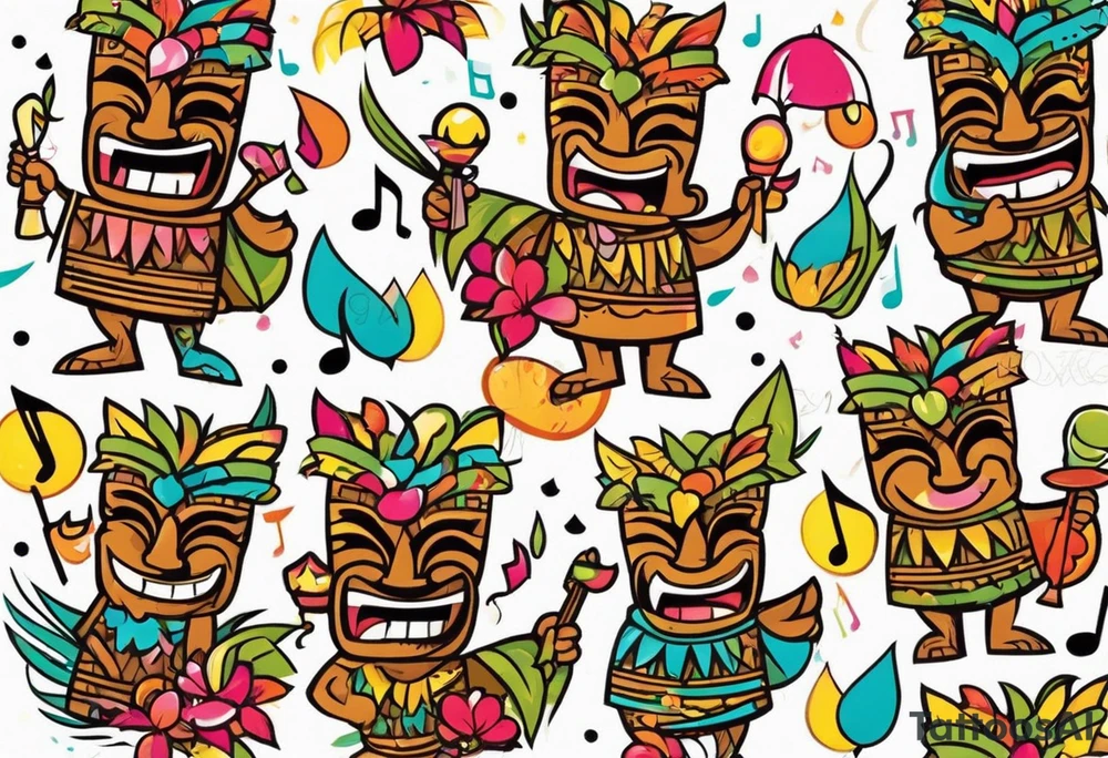tiki party with dancing tiki guys and sexy tiki girls with music notes and confetti tattoo idea