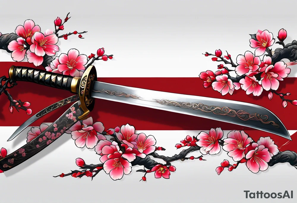 A full length katana with blood on the blade that is wrapped in a sakura with many flowers tattoo idea
