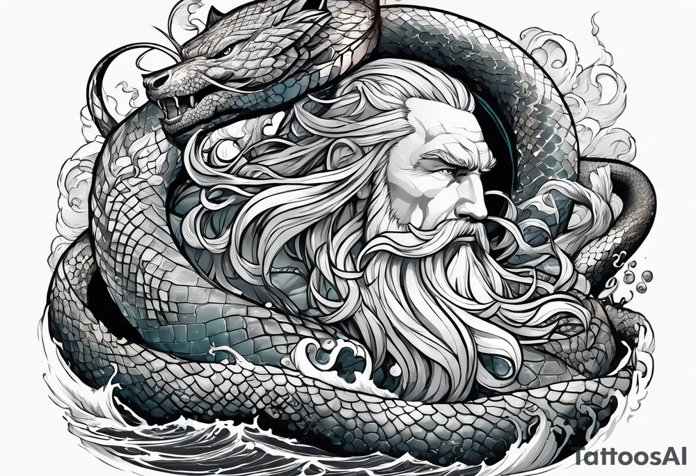 Thor getting eaten by the world serpent in the ocean tattoo idea