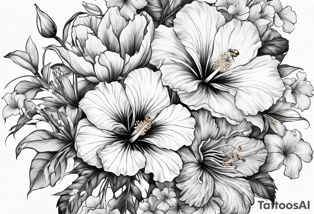 Verticle arm placement of hibiscus, TULIPS, LILLIES, DRAGONflower, with wildflowers, poppy, complimentary flowers, bees, peony, forearm tattoo idea