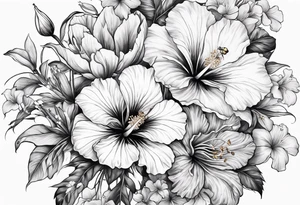 Verticle arm placement of hibiscus, TULIPS, LILLIES, DRAGONflower, with wildflowers, poppy, complimentary flowers, bees, peony, forearm tattoo idea