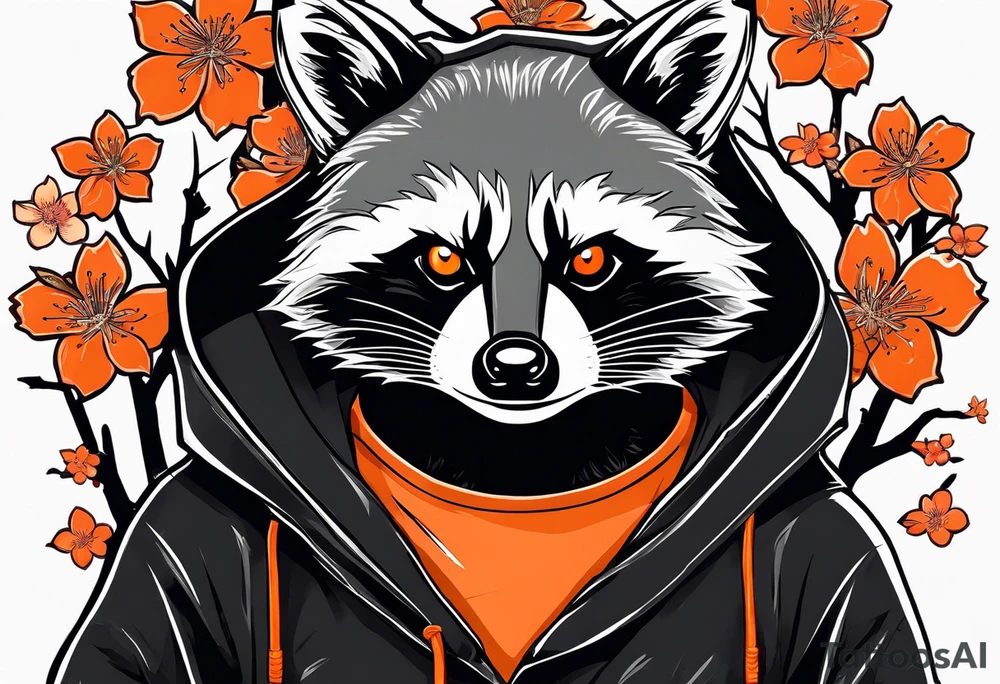 Raccoon wearing a white Superman logo on a black hoodie and orange Japanese cherry blossoms beside tattoo idea