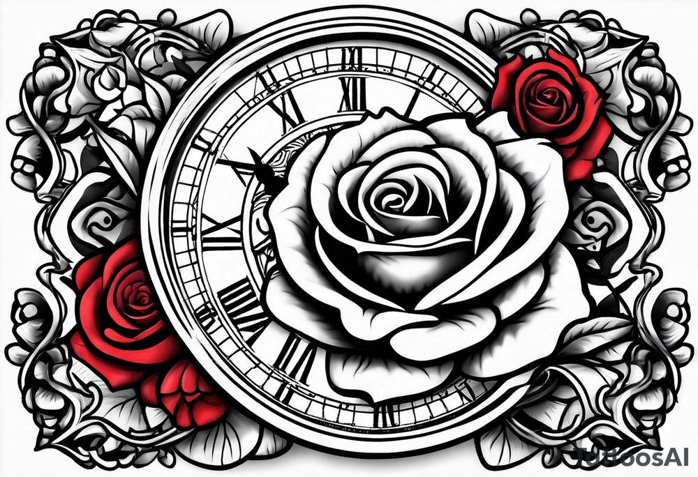 Pocket clock with chain and roses tattoo idea