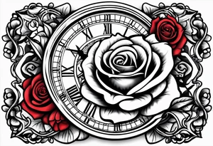 Pocket clock with chain and roses tattoo idea