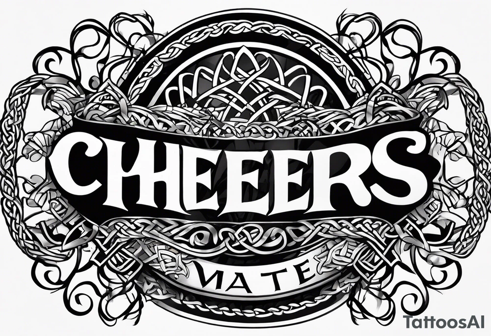 Cheers Mate text, armband +Celtic +Cancer Ribbon +tribal +artistic tattoo idea