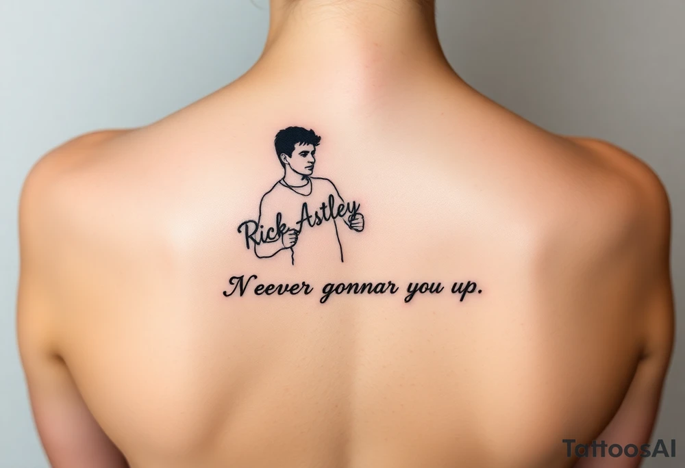 Rick Astley's  Dance Pose outline with text "Never Gonna Give You Up" tattoo idea
