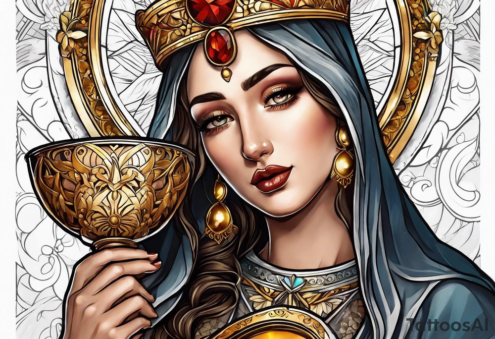 woman saint holding chalice surrounded by golden halo portrait tattoo idea
