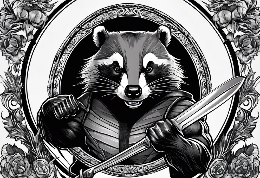 Draw me badger/wolverine with aggressive full body show, killer face with cute smile, very long nails and he attacks like a Turkish gladiator to enemy and also he has very deadly looking. The only weapon is his braveness he fights with his claws. tattoo idea