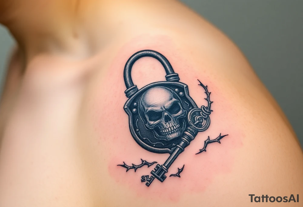 A black gothic-style lock with silver skull details, with a matching key entwined in thorny vines tattoo idea