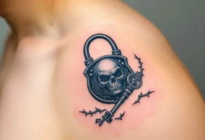 A black gothic-style lock with silver skull details, with a matching key entwined in thorny vines tattoo idea