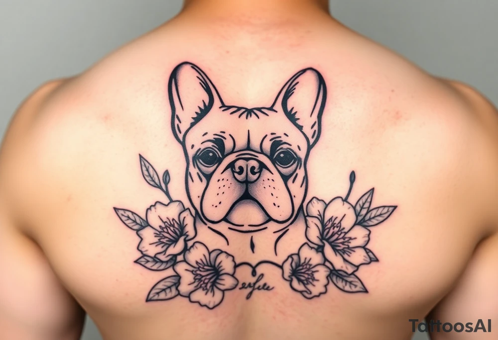 French bulldog, feminine ruby color flowers tattoo idea
