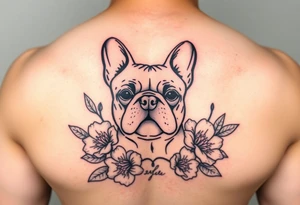 French bulldog, feminine ruby color flowers tattoo idea